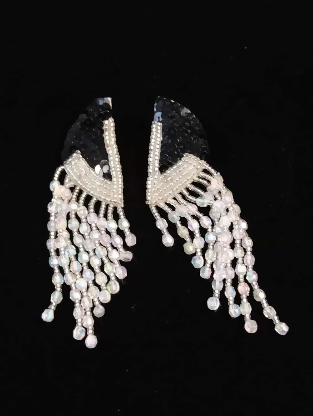 80's Black Sequin Beaded Fringe Earrings Dramatic Dangle Pierced